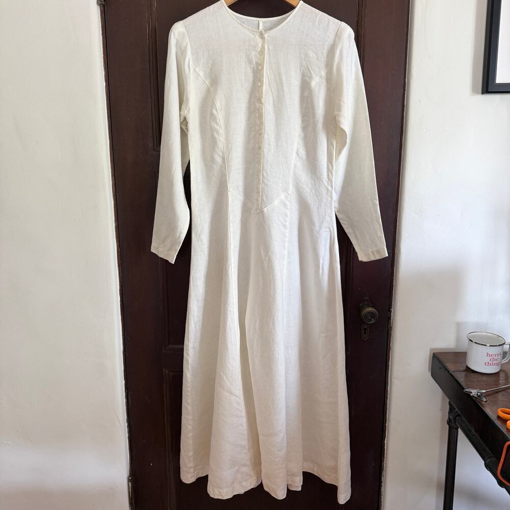 1970s Vintage NEIMAN MARCUS | Cream Linen Basque Waist Prairie Dress | Medium